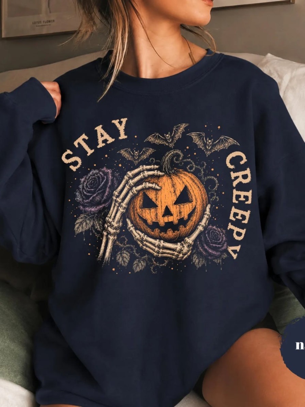 Navy Stay Creepy Pumpkin Graphic Sweatshirt